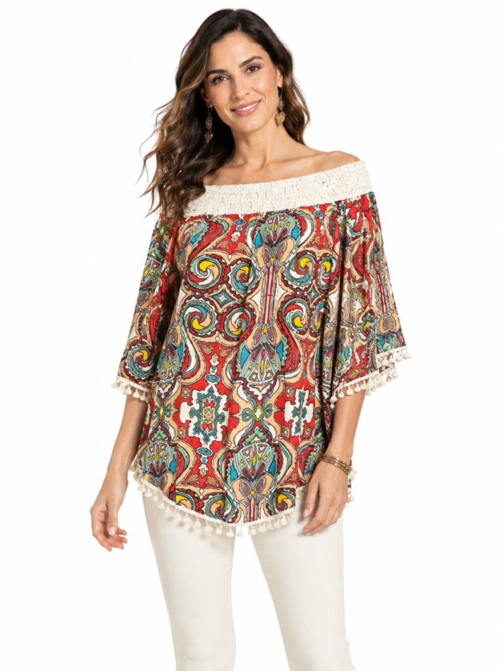 New Ali Miles Off Shoulder Tunic Size XL Pom Pom Trim Paisely Tassel Artsy Boho